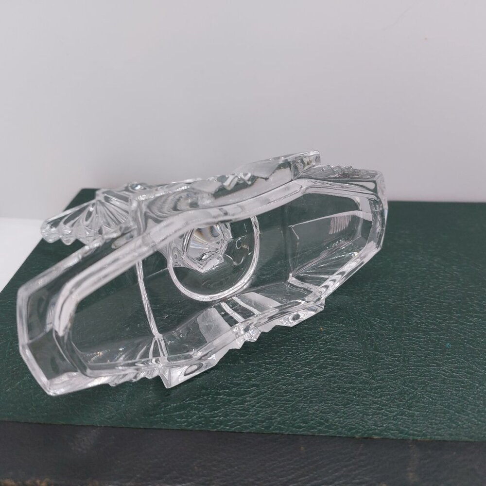 Vintage Art Glass Clear Glass Trinket Pot Fan Shape Lid Vanity Dressing Table - Picture 12 of 16